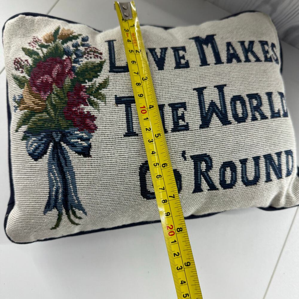 Vintage Tapestry Pillow Love Makes The World Go 'Round 80s Floral Design Cottage - Picture 5 of 5